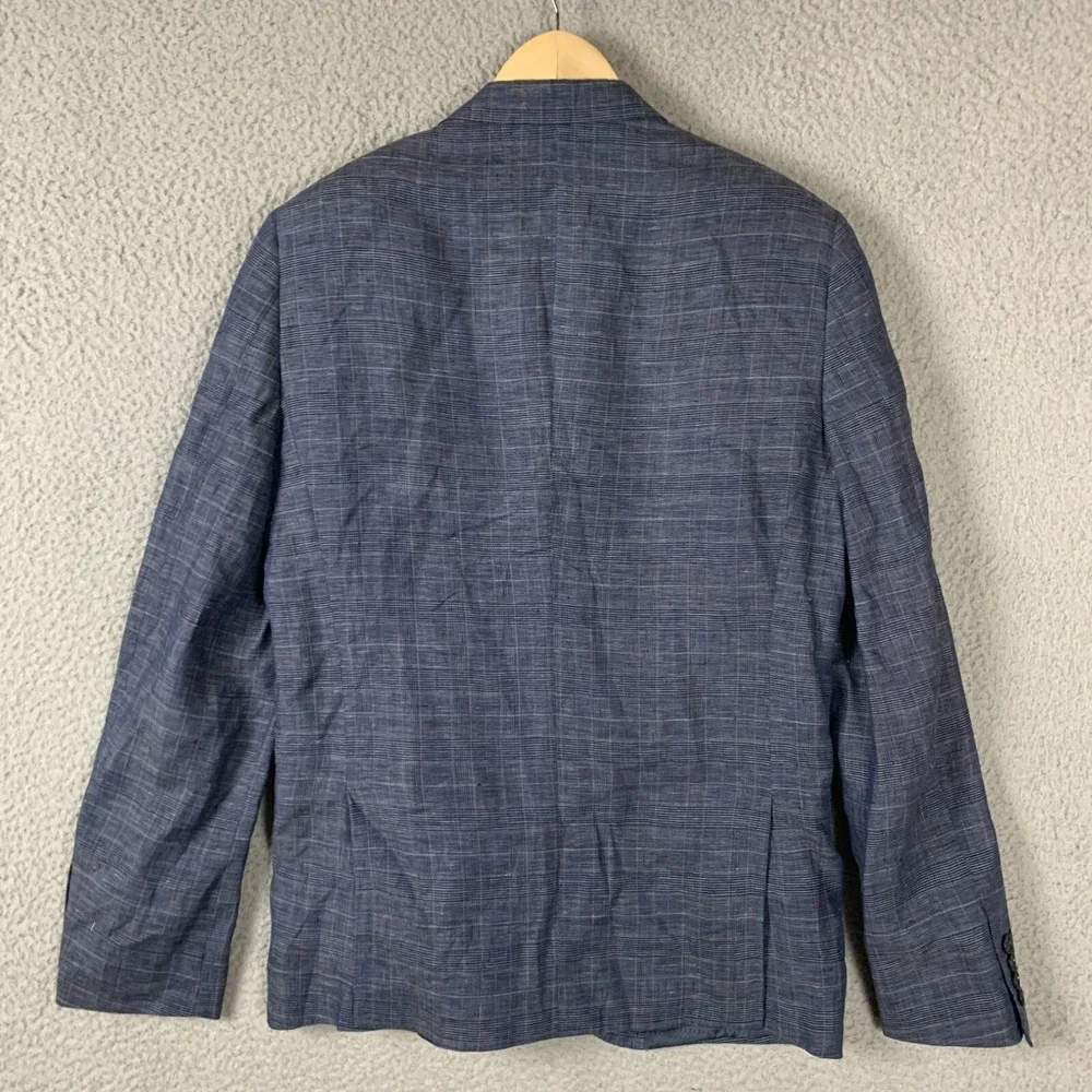 Egara Blazer 100% Linen Windowpane Plaid Navy‎ Unlined Two Button Sport Coat